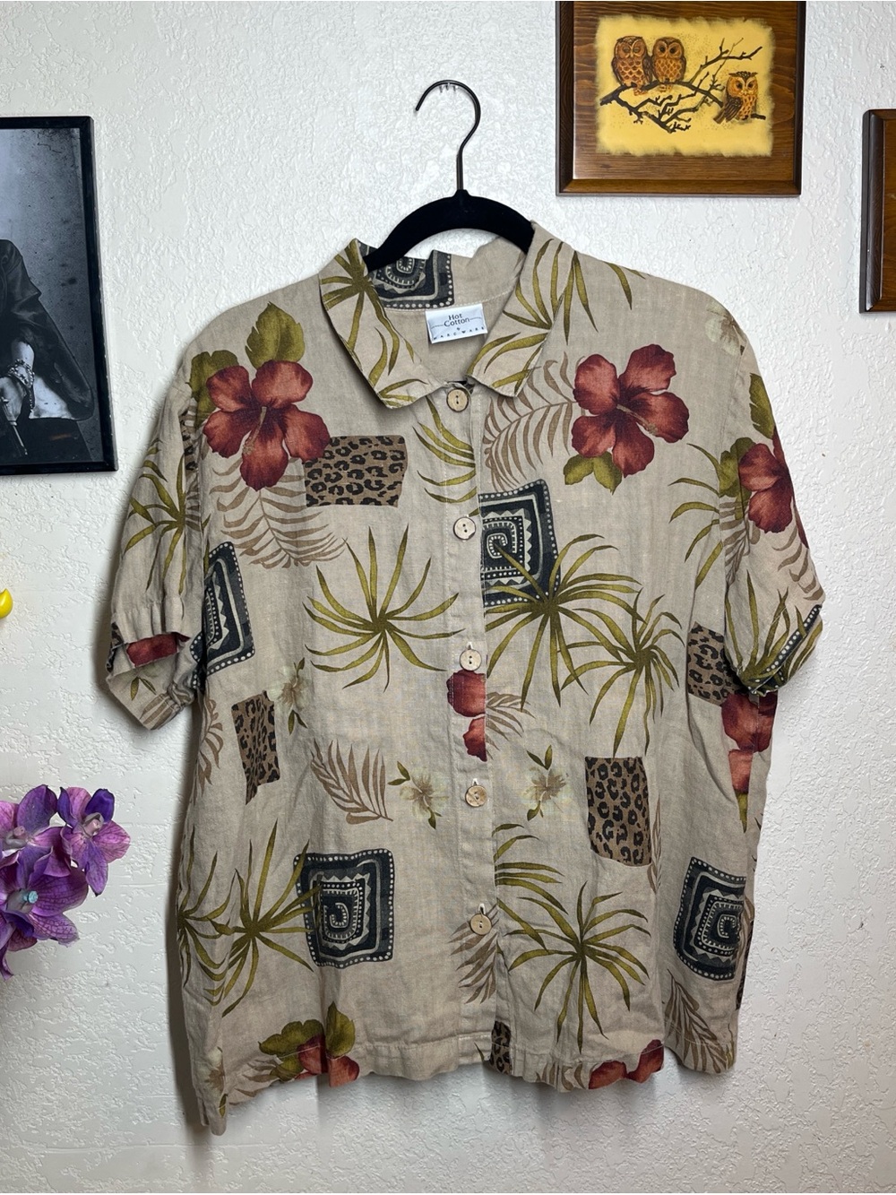 Hot Cotton Beige Floral & Palm Button-Down Shirt